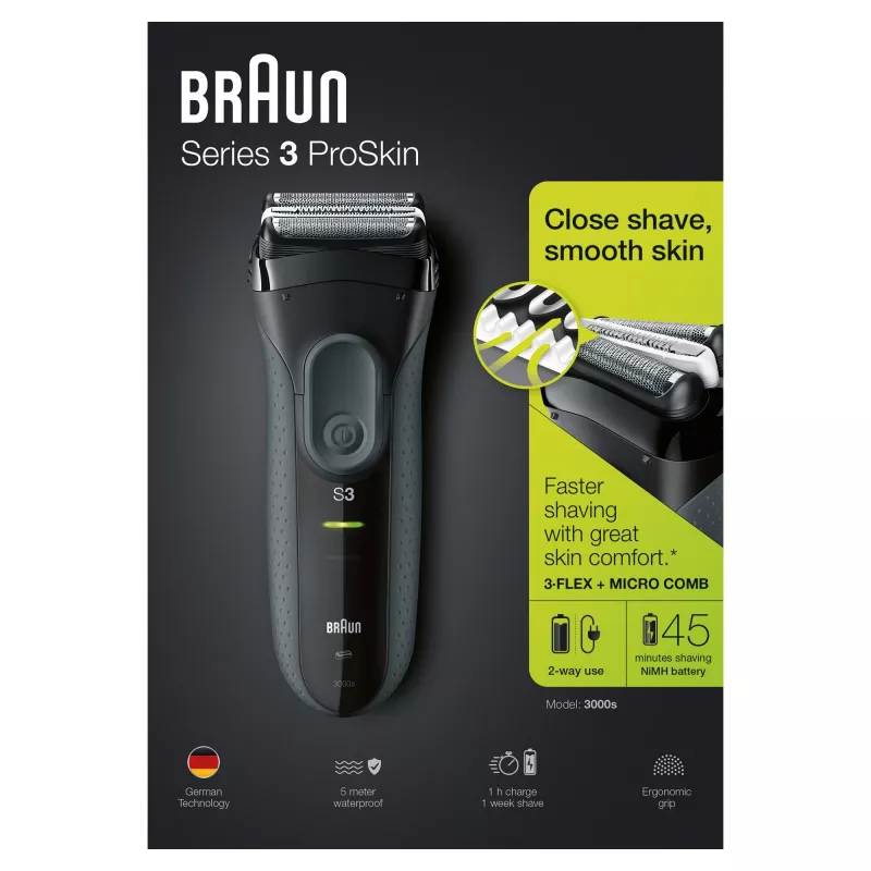 Braun Series 3 Series 3000 pardel, fooliumpardel, must, 2 SensoFoil, LED, toide, vooluvõrk/aku
