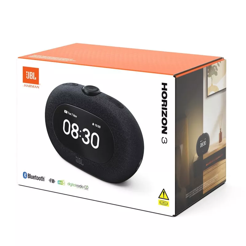 Kellraadio JBL HORIZON 3 — DAB/DAB+/FM, 5W RMS, 65–20000 Hz, LCD-ekraan, pöörlev helitugevus, must