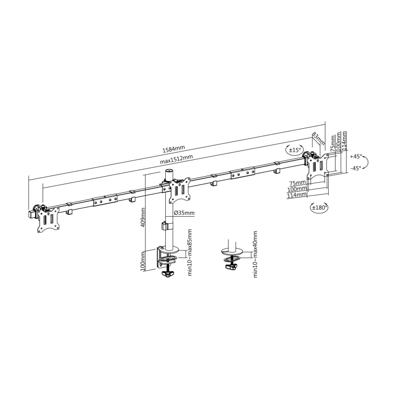 Equip 17-tolline - 32-tolline liigendatav kolme monitori lauakinnitusklamber klamber/tihendiga 21 kg