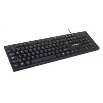 Manhattan klaviatuur USB-juhtmega, must, täissuuruses klahvid, kaabel 1,5 m, USB-A ühendus, Plug and Play, kolmeaastane garantii