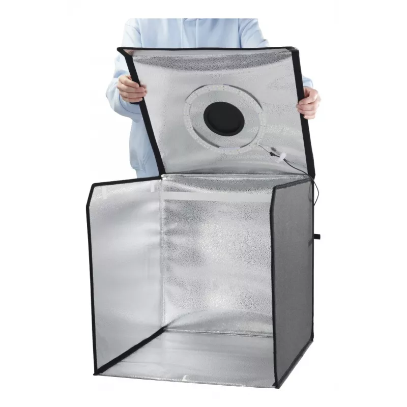 Mini fotostuudio HAMA kokkupandav kast LED-rõngavalgustiga 50×50 cm, mudel 00004664