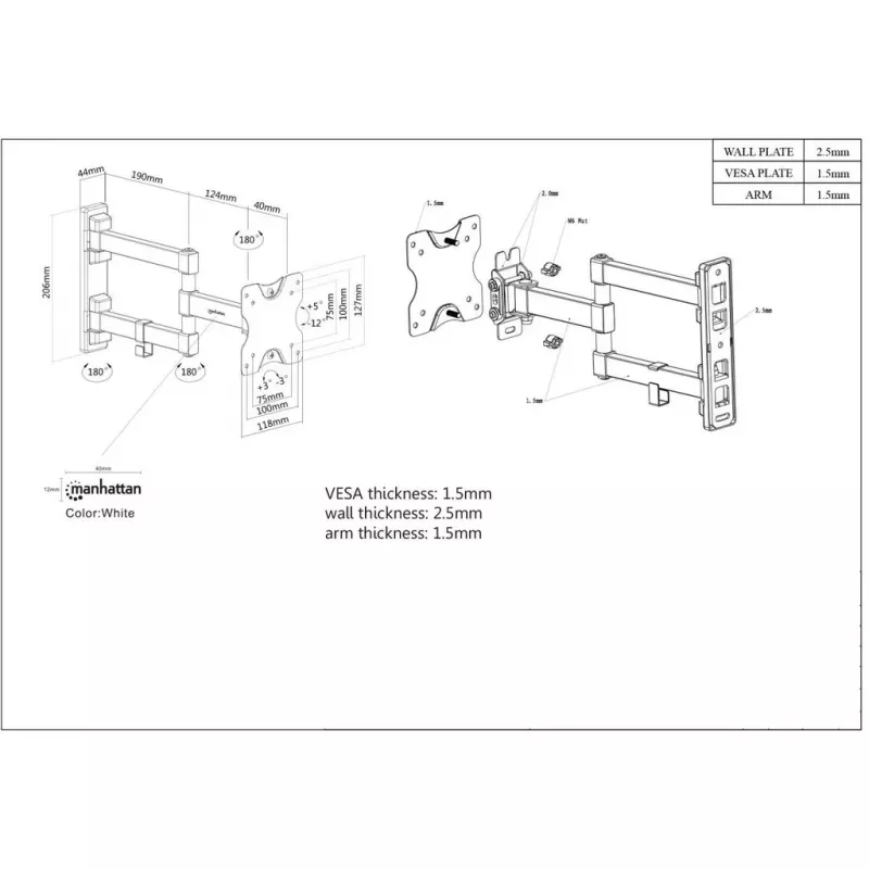 Manhattan Wall Mount for TV & Monitors (Full Motion), For screens 13 inch to 27 inch, VESA compatibility: 75x75mm and 100x100mm - check the dimensions of the four mounting holes on back of screen to ensure it fits, Max 20kg, Must, Bracket