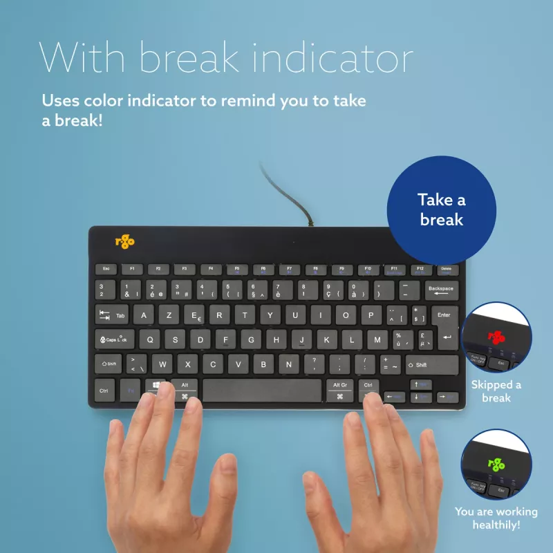R-Go Tools ergonoomiline klaviatuur R-Go Compact Break, kompaktne klaviatuur pausitarkvaraga, AZERTY (BE), juhtmega, must