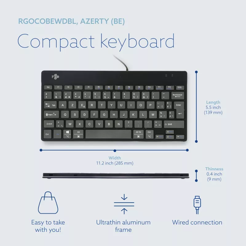 R-Go Tools ergonoomiline klaviatuur R-Go Compact Break, kompaktne klaviatuur pausitarkvaraga, AZERTY (BE), juhtmega, must