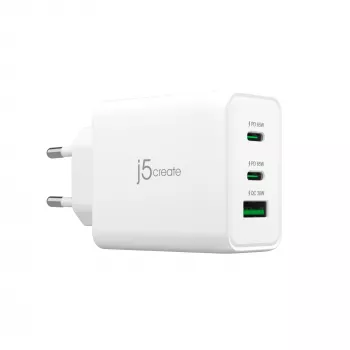j5create JUP3365E-EN 65W GaN USB-C® 3-pordiline laadija, sisetingimustesse, vahelduvvool, valge