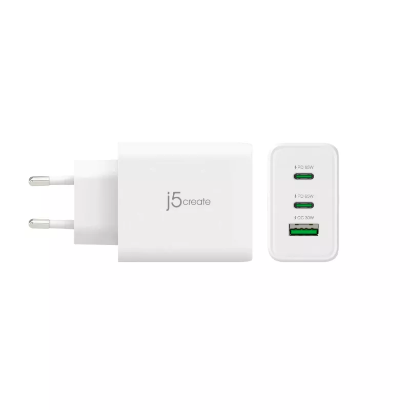 j5create JUP3365E-EN 65W GaN USB-C® 3-pordiline laadija, sisetingimustesse, vahelduvvool, valge