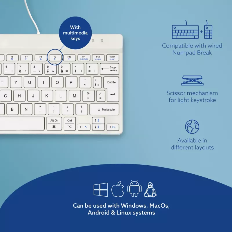 R-Go Tools ergonoomiline klaviatuur R-Go Compact Break, kompaktne klaviatuur pausitarkvaraga, AZERTY (FR), juhtmega, valge