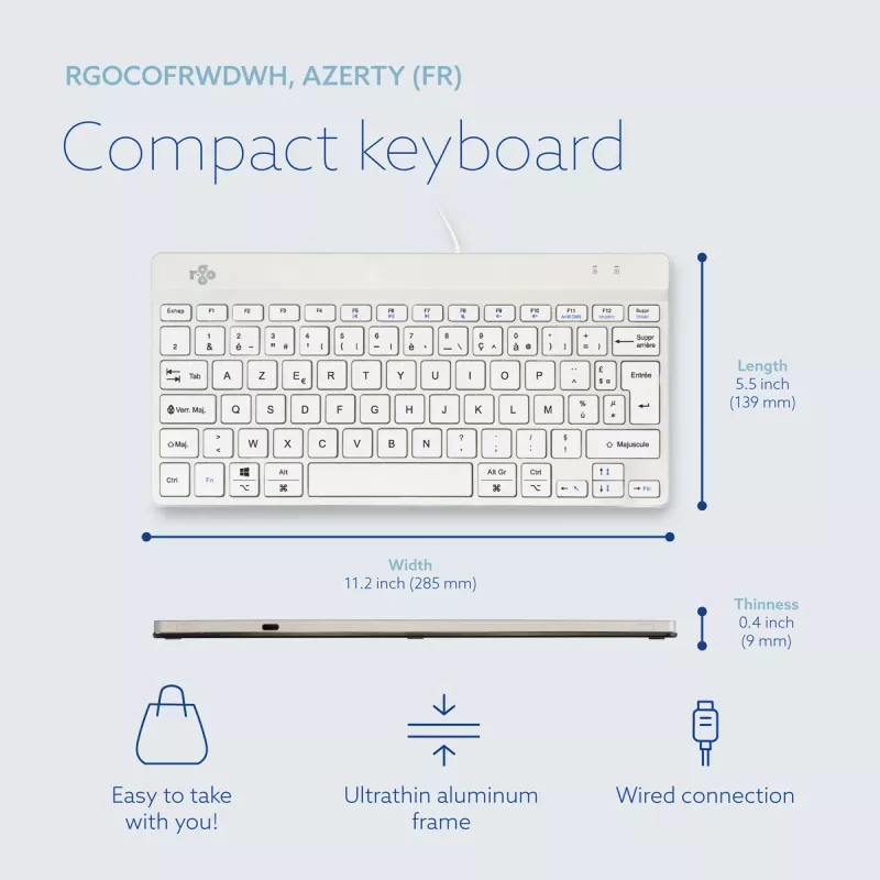R-Go Tools ergonoomiline klaviatuur R-Go Compact Break, kompaktne klaviatuur pausitarkvaraga, AZERTY (FR), juhtmega, valge