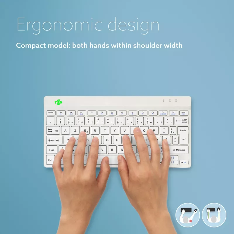 R-Go Tools Ergonoomiline klaviatuur R-Go Compact Break, kompaktne klaviatuur pausitarkvaraga, AZERTY (FR), Bluetooth, valge