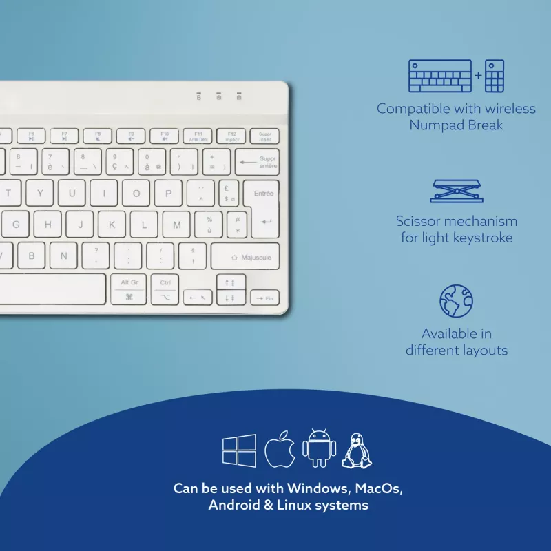 R-Go Tools Ergonoomiline klaviatuur R-Go Compact Break, kompaktne klaviatuur pausitarkvaraga, AZERTY (FR), Bluetooth, valge