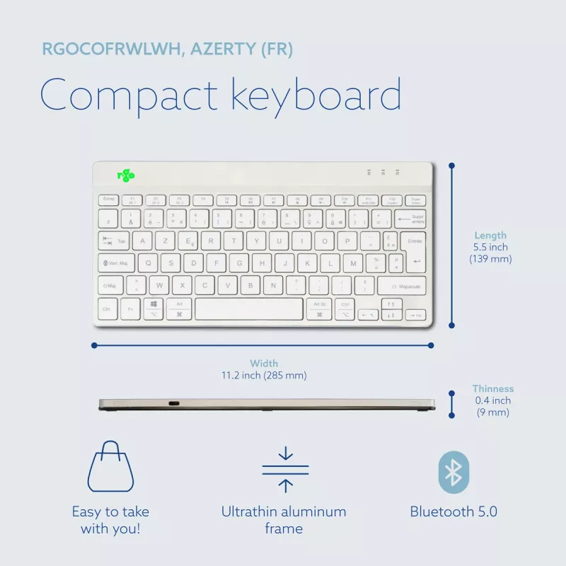 R-Go Tools Ergonoomiline klaviatuur R-Go Compact Break, kompaktne klaviatuur pausitarkvaraga, AZERTY (FR), Bluetooth, valge