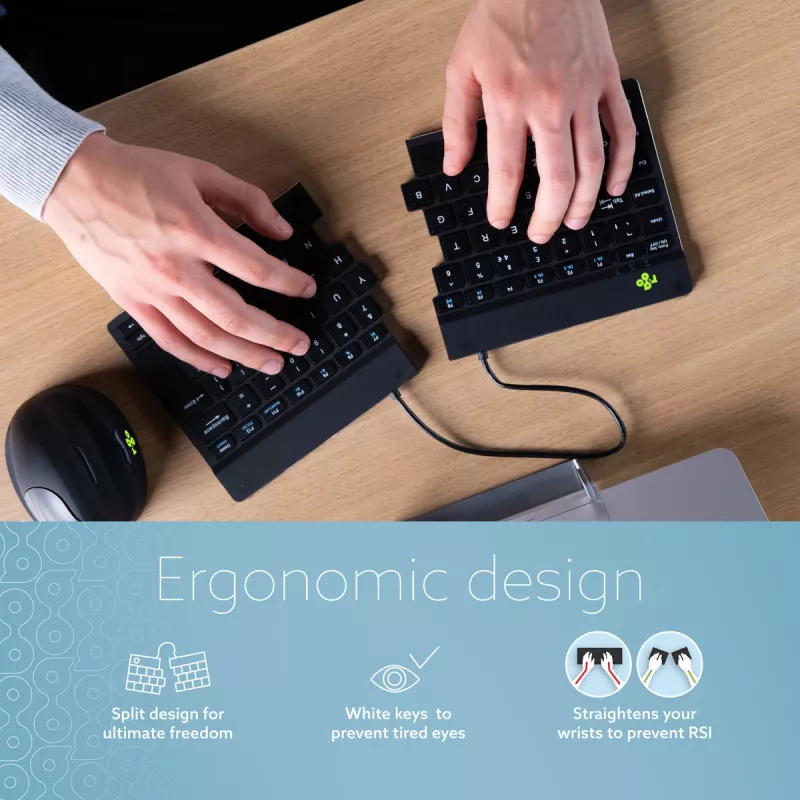 R-Go Tools Ergonoomiline klaviatuur R-Go Split Break koos pausitarkvaraga, ergonoomiline poolitatud klaviatuur, AZERTY (FR), Bluetooth, must