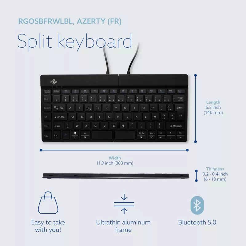 R-Go Tools Ergonoomiline klaviatuur R-Go Split Break koos pausitarkvaraga, ergonoomiline poolitatud klaviatuur, AZERTY (FR), Bluetooth, must