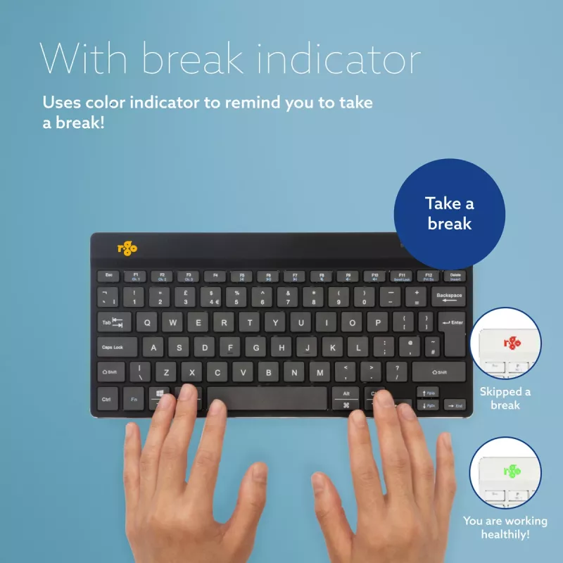 R-Go Tools ergonoomiline klaviatuur R-Go Compact Break, kompaktne klaviatuur pausitarkvaraga, AZERTY (BE), Bluetooth, must