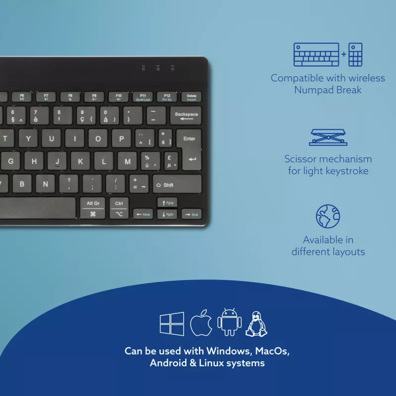R-Go Tools ergonoomiline klaviatuur R-Go Compact Break, kompaktne klaviatuur pausitarkvaraga, AZERTY (BE), Bluetooth, must