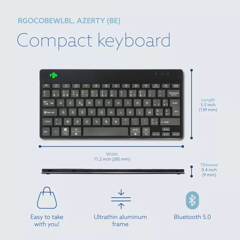 R-Go Tools ergonoomiline klaviatuur R-Go Compact Break, kompaktne klaviatuur pausitarkvaraga, AZERTY (BE), Bluetooth, must