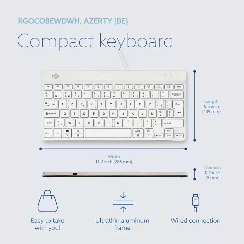 R-Go Tools Ergonoomiline klaviatuur R-Go Compact Break, kompaktne klaviatuur koos pausitarkvaraga, AZERTY (BE), juhtmega, valge