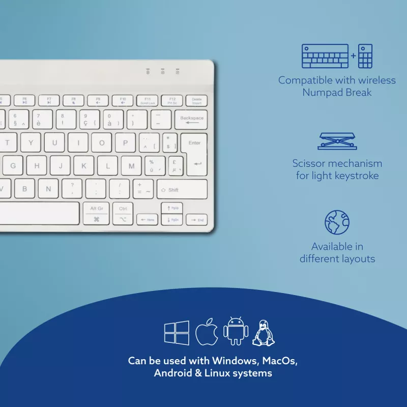 R-Go Tools Ergonoomiline klaviatuur R-Go Compact Break, kompaktne klaviatuur pausitarkvaraga, AZERTY (BE), Bluetooth, valge