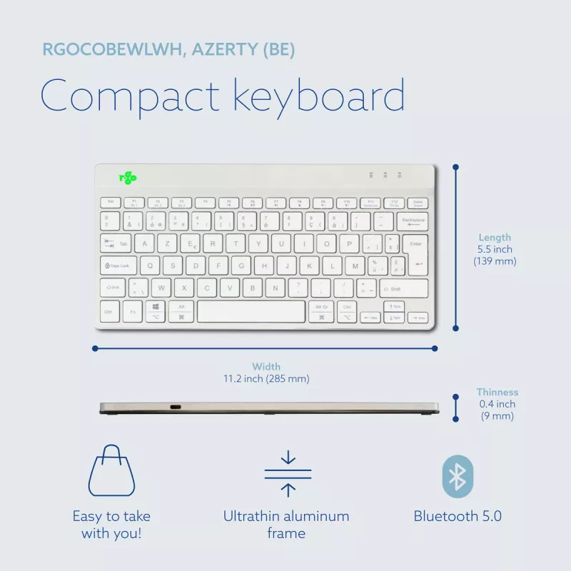 R-Go Tools Ergonoomiline klaviatuur R-Go Compact Break, kompaktne klaviatuur pausitarkvaraga, AZERTY (BE), Bluetooth, valge