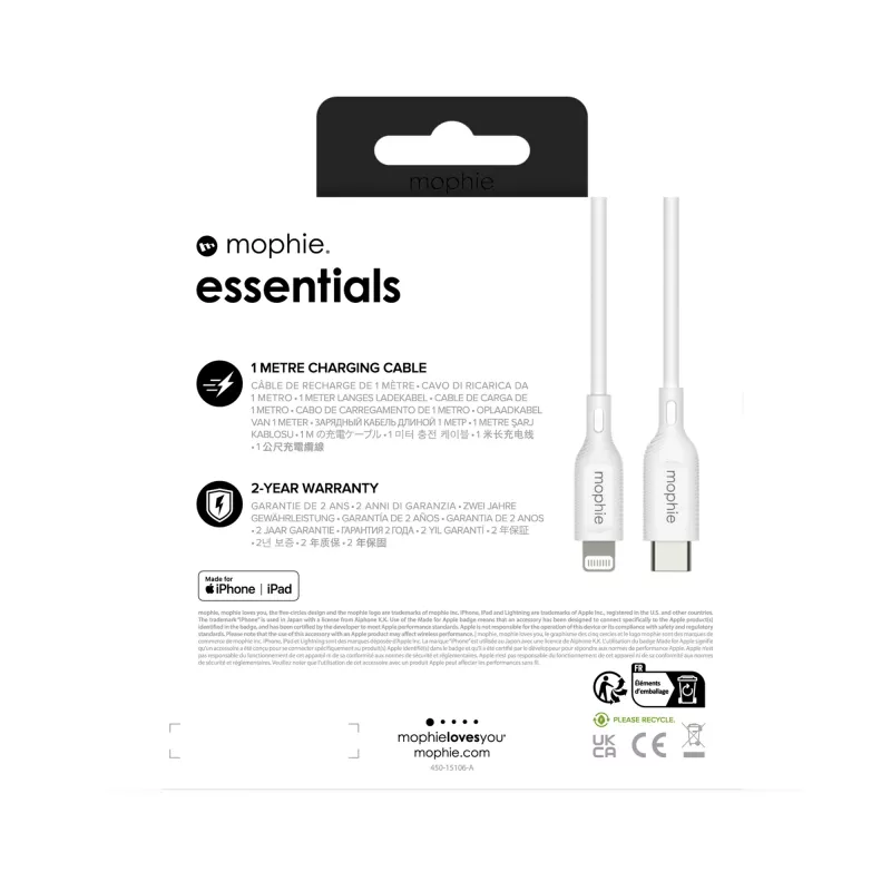 mophie essentials Lightning to USB-C | laadimiskaabel (1 M) Valge