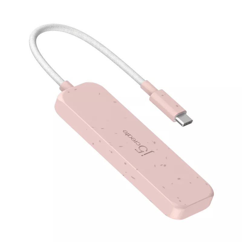 USB-C–4 pordiga USB-A Gen 2 jaotur j5create — 10 Gbps, USB 3.2, roosa, taaskasutatud ABS-plast, 100×27×19 mm