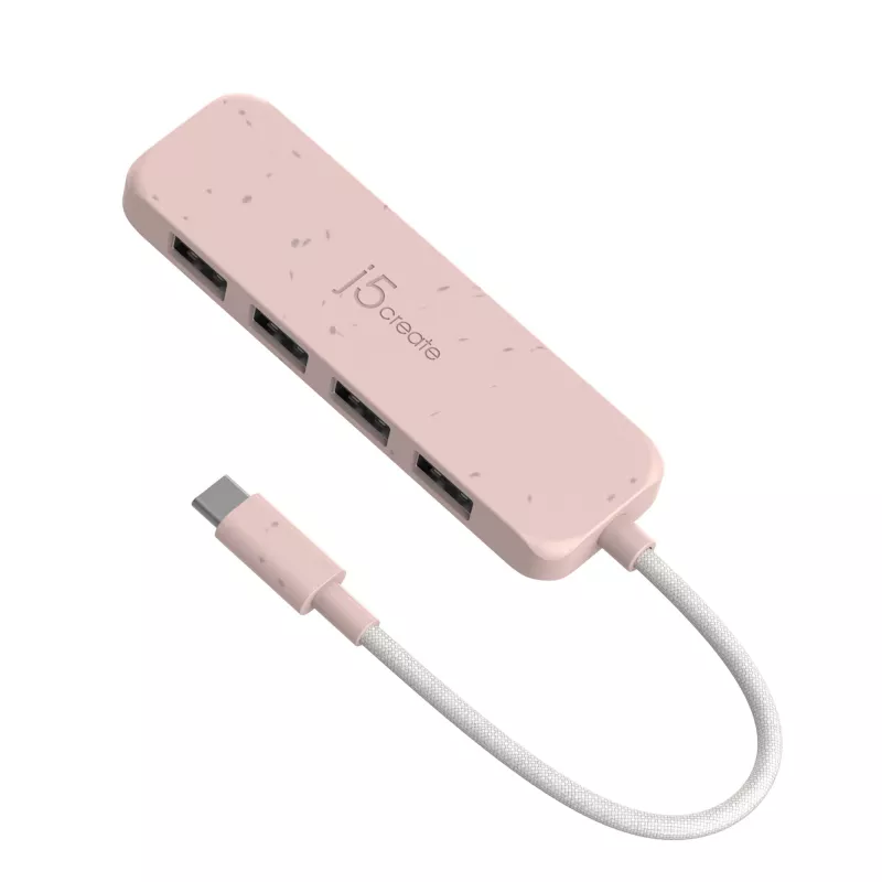 USB-C–4 pordiga USB-A Gen 2 jaotur j5create — 10 Gbps, USB 3.2, roosa, taaskasutatud ABS-plast, 100×27×19 mm
