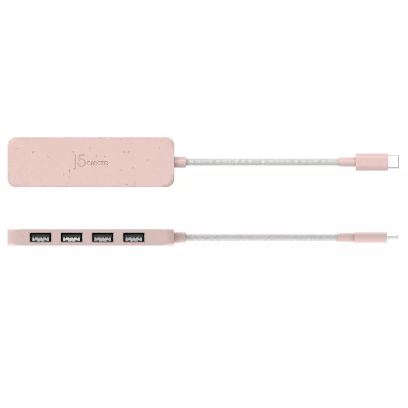USB-C–4 pordiga USB-A Gen 2 jaotur j5create — 10 Gbps, USB 3.2, roosa, taaskasutatud ABS-plast, 100×27×19 mm