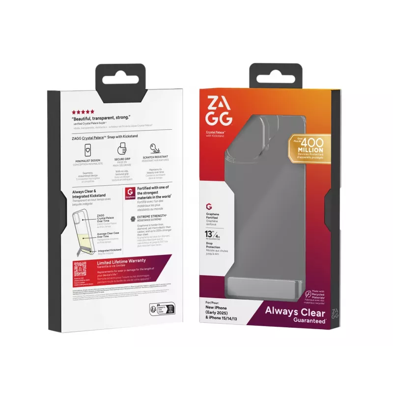 ZAGG Crystal Palace Kickstand ümbris iPhone 16/15/14/13 Clear, Cover, Apple, iPhone 17e/16e/15/14/13, 15.5 cm (6.1 inch), Transparent