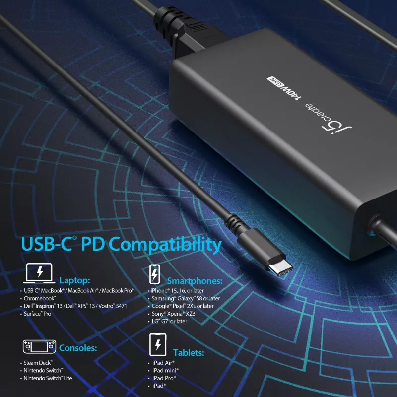 USB-C GaN laadija j5create JUP17140 140W PD3.1, siseruumides, must, 59×127×30,5 mm
