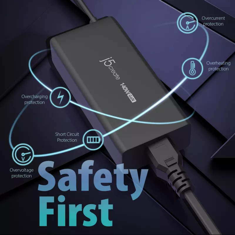USB-C GaN laadija j5create JUP17140 140W PD3.1, siseruumides, must, 59×127×30,5 mm