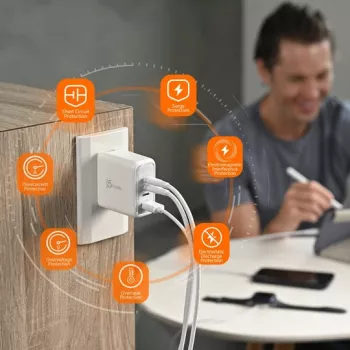 j5 create 70W GaN USB-C 4 pordiga laadija — siseruumide vahelduvvoolutoitega, universaalne ühilduvus, valge