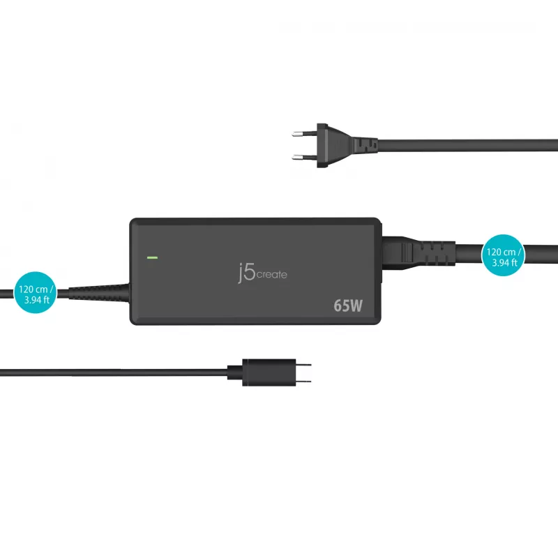 USB-C PD toiteadapter j5create JUP1265 — 65 W, siseruumidesse, must, plastik, 118×32×50 mm (EL)