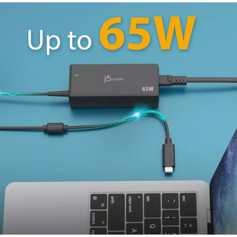USB-C PD toiteadapter j5create JUP1265 — 65 W, siseruumidesse, must, plastik, 118×32×50 mm (EL)