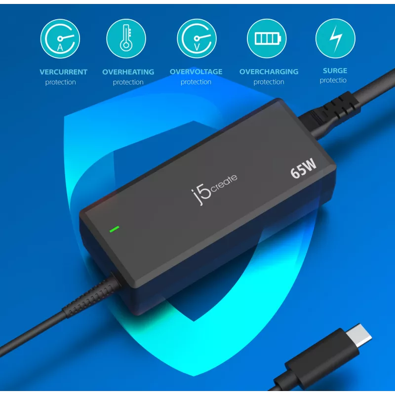 USB-C PD toiteadapter j5create JUP1265 — 65 W, siseruumidesse, must, plastik, 118×32×50 mm (EL)