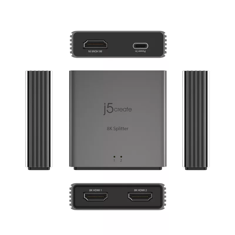 j5create JDSH812 8K HDMI™ 2.1 2-suunaline jaotur, HDMI, 2x HDMI, 7680 x 4320 pikslit, Hall, Alumiinium, 8K Ultra HD