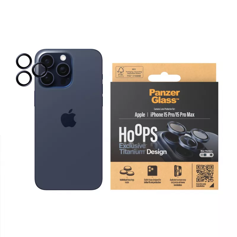 PanzerGlass Hoops kaamera objektiivi kaitse iPhone 15 Pro 15 Pro Max sinine titaan kriimustus- ja löögikindel