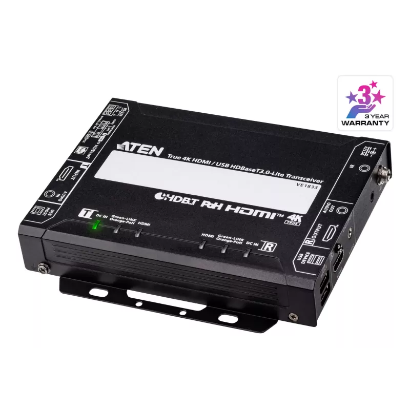 AV-saatja ja -vastuvõtja ATEN True 4K HDMI/USB HDBT3.0-Lite – 4096×2160 @ kuni 40 m, USB Type-A/Type-B, alalisvoolu toide