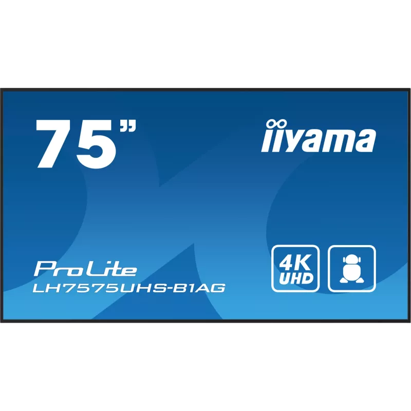 iiyama LH7575UHS-B1AG Signage Display digitaalne lameekraan 190,5 cm (75 tolli) LCD Wi-Fi 500 cd/m² 4K Ultra HD Must sisseehitatud protsessor Android 11 24/7