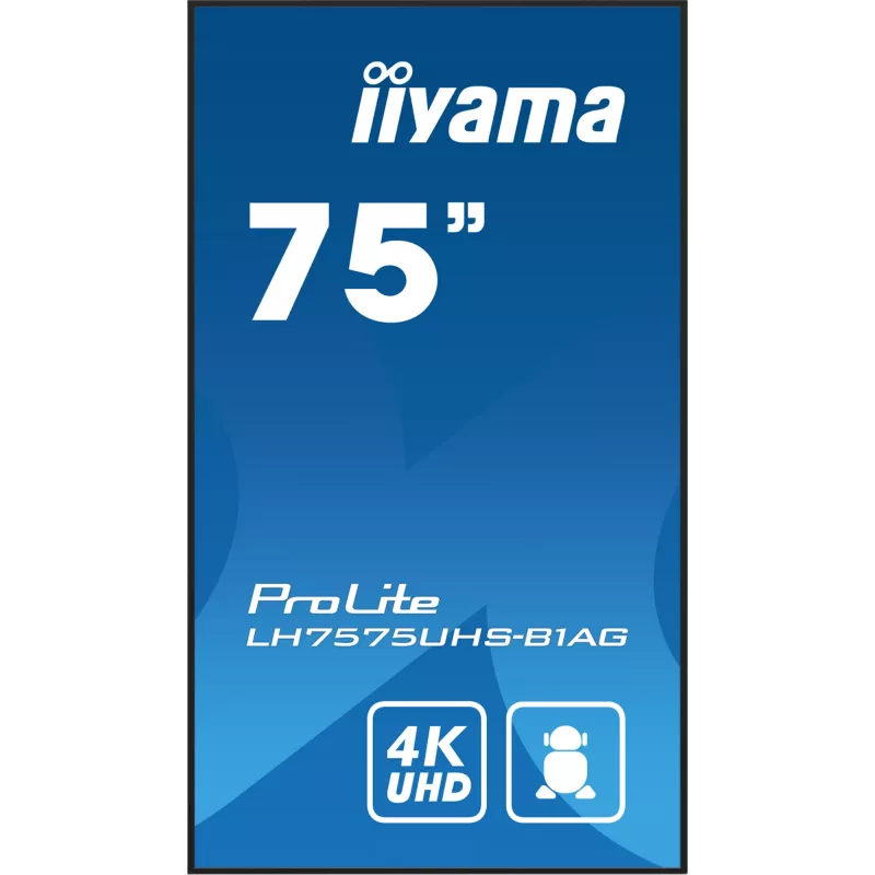 iiyama LH7575UHS-B1AG Signage Display digitaalne lameekraan 190,5 cm (75 tolli) LCD Wi-Fi 500 cd/m² 4K Ultra HD Must sisseehitatud protsessor Android 11 24/7