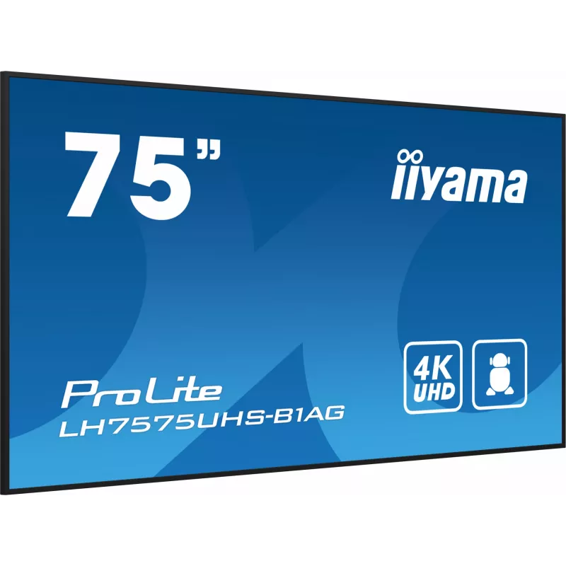 iiyama LH7575UHS-B1AG Signage Display digitaalne lameekraan 190,5 cm (75 tolli) LCD Wi-Fi 500 cd/m² 4K Ultra HD Must sisseehitatud protsessor Android 11 24/7