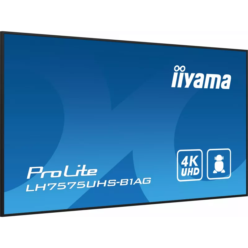 iiyama LH7575UHS-B1AG Signage Display digitaalne lameekraan 190,5 cm (75 tolli) LCD Wi-Fi 500 cd/m² 4K Ultra HD Must sisseehitatud protsessor Android 11 24/7