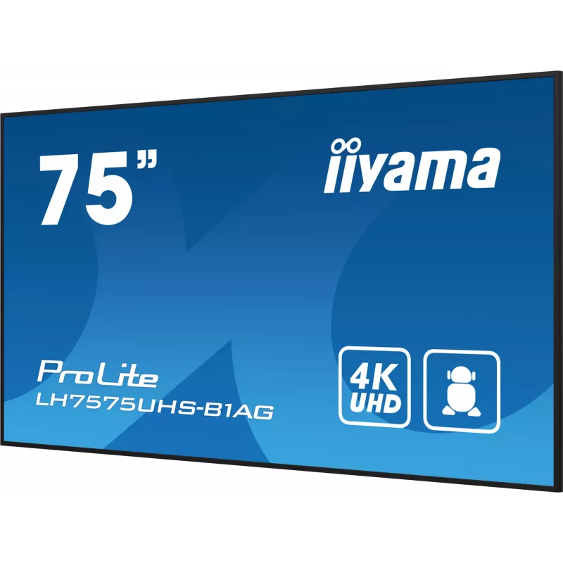 iiyama LH7575UHS-B1AG Signage Display digitaalne lameekraan 190,5 cm (75 tolli) LCD Wi-Fi 500 cd/m² 4K Ultra HD Must sisseehitatud protsessor Android 11 24/7