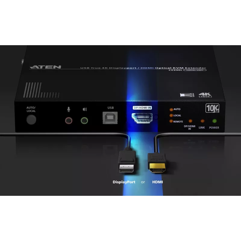 ATEN True 4K DP/HDMI Optiline KVM 10km, Saatja ja vastuvõtja, Juhtmega ühendatav, 10000 m, 4096 x 2160 pikslit, Must, Metall