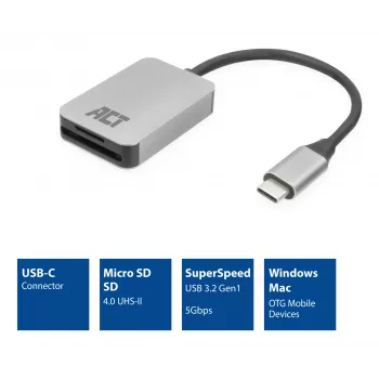 Kaardilugeja ACT AC7056 USB 3.2 Gen 1 USB-C hall MicroSD SD