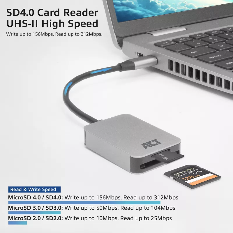 Kaardilugeja ACT AC7056 USB 3.2 Gen 1 USB-C hall MicroSD SD