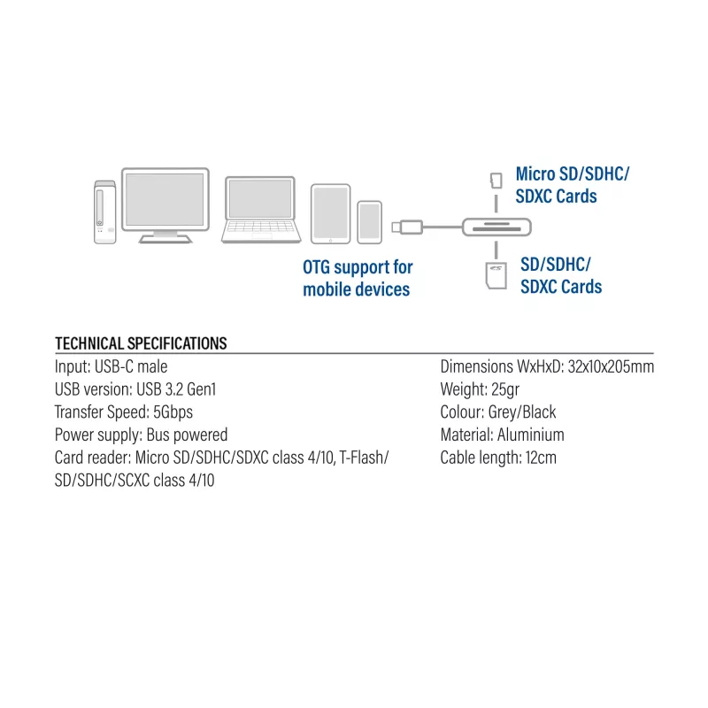 Kaardilugeja ACT AC7056 USB 3.2 Gen 1 USB-C hall MicroSD SD