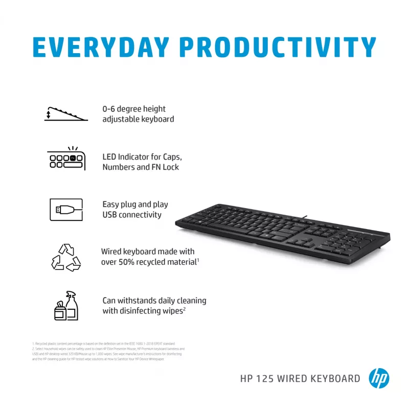 HP 125 juhtmega klaviatuur, täissuuruses USB-membraanklaviatuur, QWERTY, must
