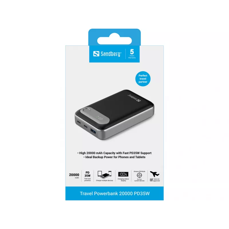 Sandberg Travel akupank 20000 PD35W, 20000 mAh, liitiumpolümeer (LiPo), 3,7 V, must, hõbedane