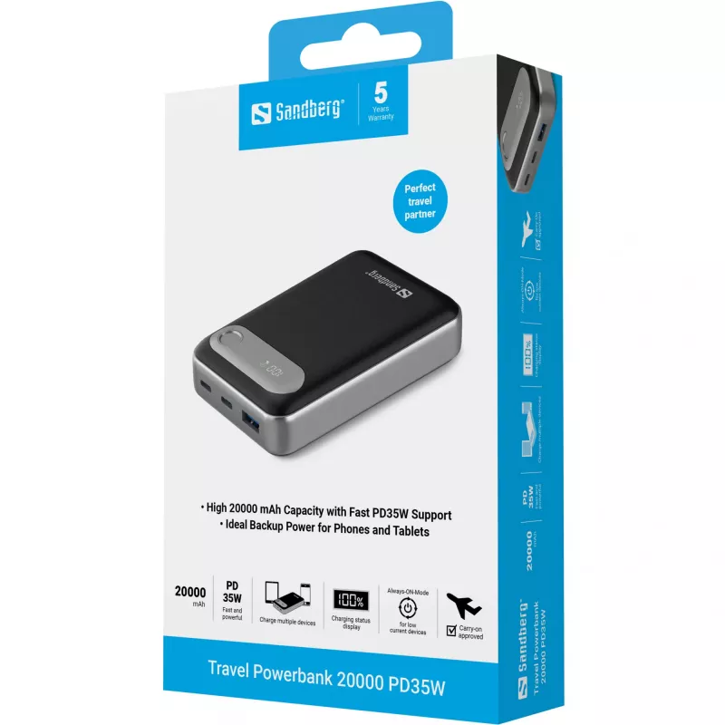 Sandberg Travel akupank 20000 PD35W, 20000 mAh, liitiumpolümeer (LiPo), 3,7 V, must, hõbedane