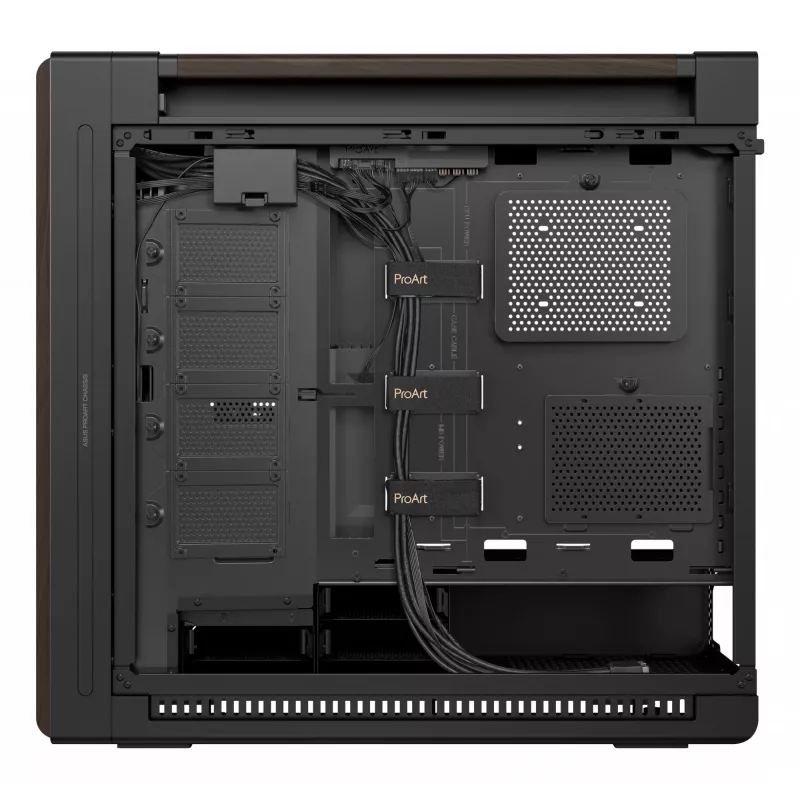 PC-korpus ASUS ProArt PA602 Wood Edition Midi Tower — must ja puit, toetab ATX/EATX, 2x200 mm ees, 1x140 mm taga